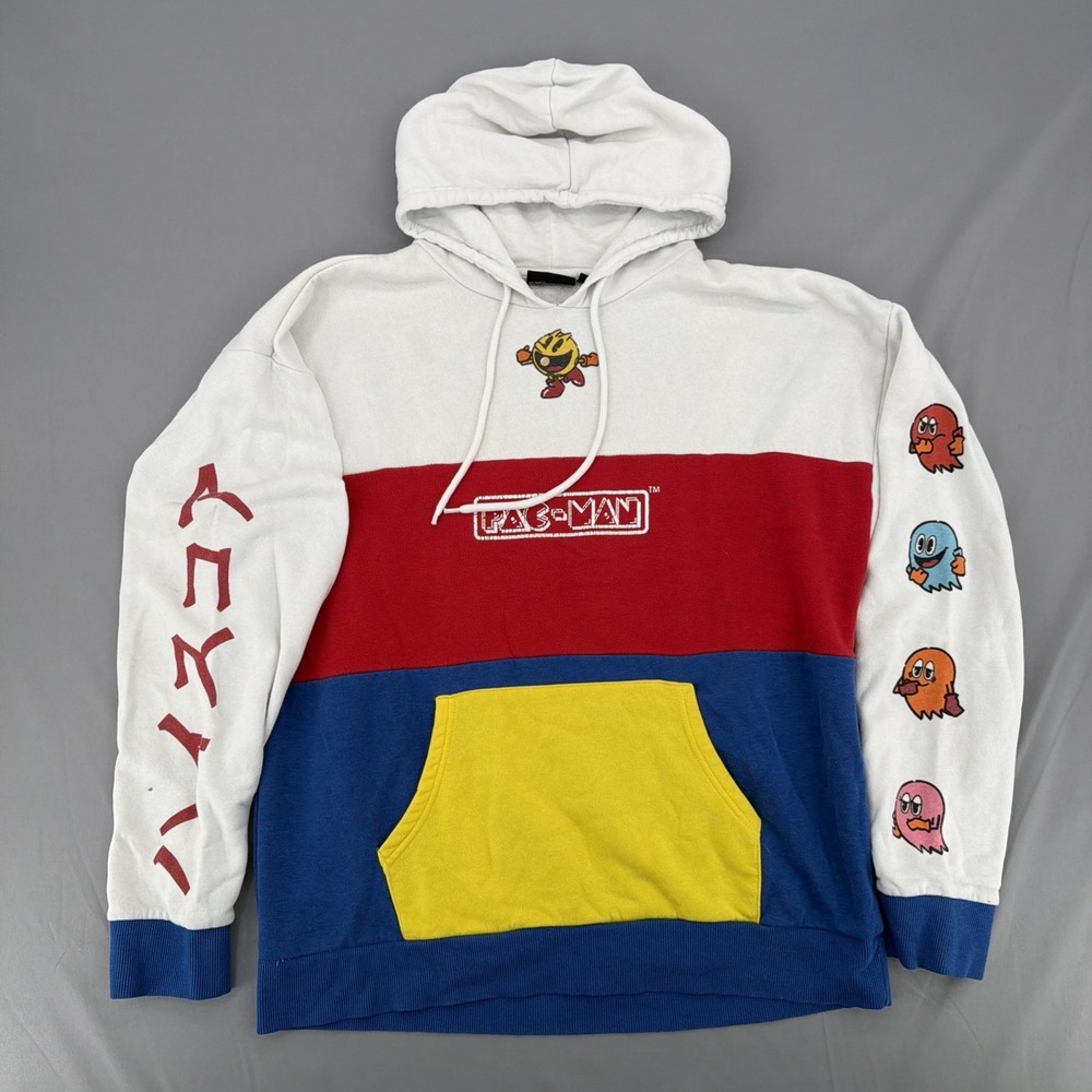 Pac-Man Hoodie Mens Large Retro Arcade Ghost Bandaii Pullover Gaming Sweatshirt